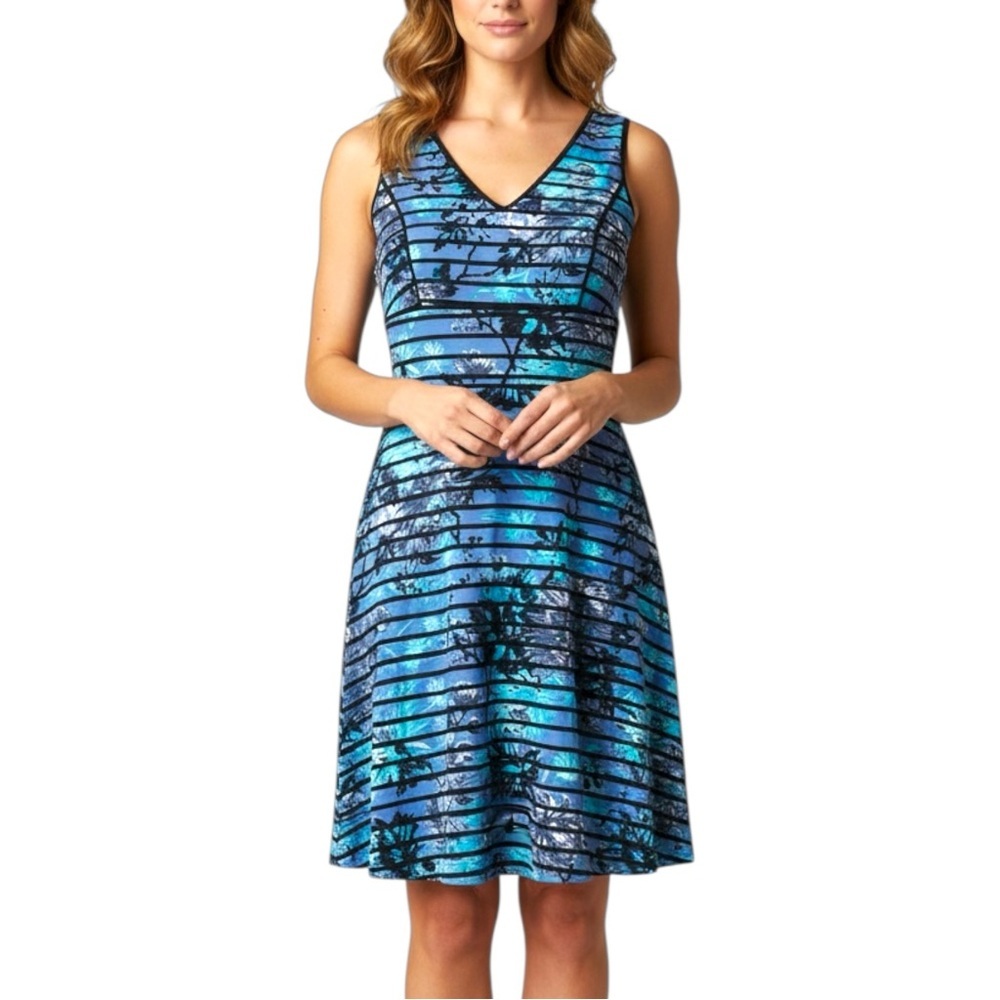 Ann Taylor LOFT Sz 6 Blue Black Floral Stripe Fit N Flare Party Dress - Picture 1 of 10